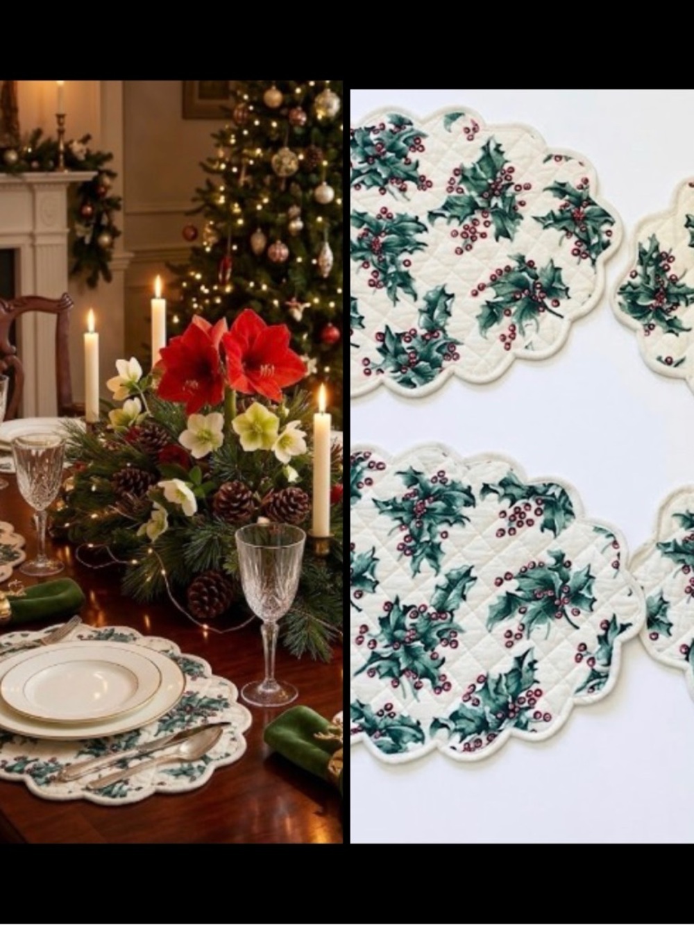 4 April Cornell Holiday Holly Leaves Red Berries Festive Quilted Placemats 18”